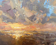 Marieke Ackerman, Zonsondergang p de wadden, 425 euro, Olieverf op paneel in blankhouten baklijst, 24x30 cm