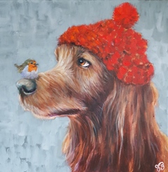 Vilma van den Berg, Hond met roodborstje, Acryl op doek, 40x40 cm, 395,-