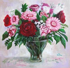 Vilma van den Berg, Boeket met rozen, Gemengde techniek op doek in baklijst, 40x40 cm, €.350,-