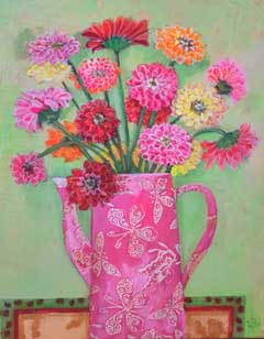 Vilma van den Berg, Zinnia's in roze kan, Gemengde techniek op doek in baklijst, 40x30 cm, €.50x40 cm, 345,- euro