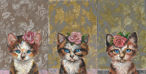 Vilma van den Berg, Kitten 1, 2 en 3, Gemengde techniek op paneel, 15x10 cm, €.50,- per stuk