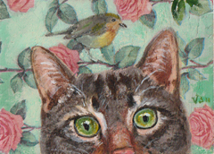 Vilma van den Berg, Kat met roodborstje, ACryl op paneel in baklijstje, 13x18 cm, €.175,-