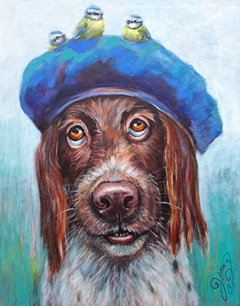 Vilma van den Berg, Hond met baret, 495 euro, Acryl op doek in lijst, 40x50 cm