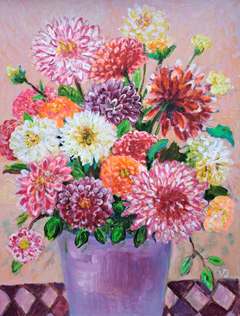 Vilma van den Berg, Dahlia's in paarse pot, 345 euro, Acryl op paneel in lijst, 40x30 cm