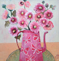 Vilma van den Berg, Roze kan met stokrozen, 395 euro, Acryl op doek in lijst, 40x40 cm