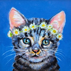 Vilma van den Berg, Kitten met madelief, 165 euro, Acryl op paneel in baklijst, 15x15 cm