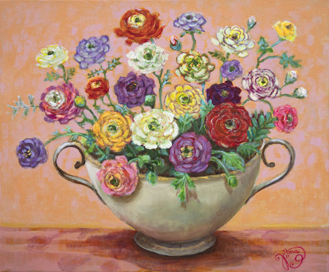 Vilma van den Berg, Terrine met ranonkels, 695 euro, Acryl op doek in baklijst, 50x60 cm