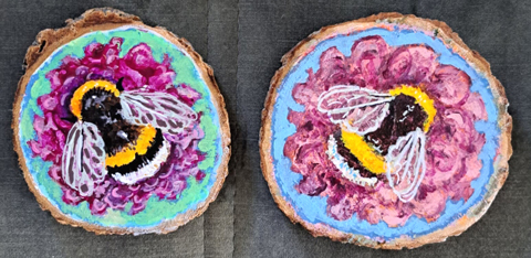 Vilma van den Berg, Bublebee 1 en 2, 49 euro per stuk, Acryl op boomstam, 10 cm