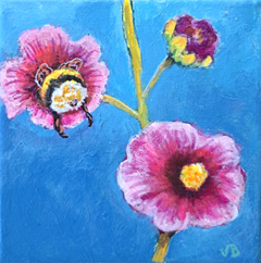 Vilma van den Berg, Hollyhock and Bubble bee, 175 euro, Acryl op doek in baklijst, 15x15 cm