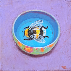 Vilma van den Berg, Hommel in kopje, 175 euro, ACryl op doek in lijst, 15x15 cm
