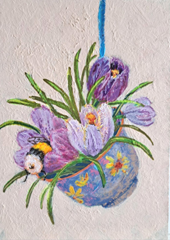 Vilma van den Berg, Krokussen in kopje met hommel, 195 euro, Acryl op paneel zonder lijst, 20x15 cm