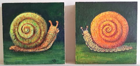 Vilma van den Berg, Slak groen en oranje, 95 euro per stuk, Acryl op paneel zonder lijst, 10x10