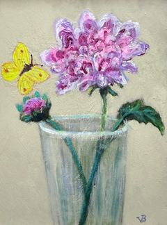 Vilma van den Berg, Pioen en vlinder, 210 euro, Acryl op paneel in lijst, 20x15 cm