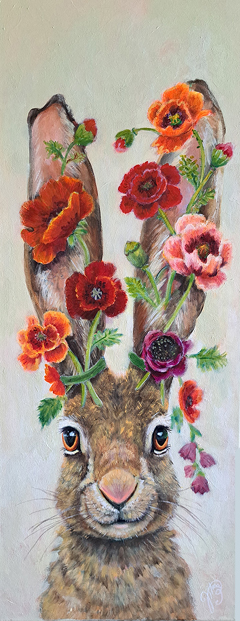Vilma van den Berg, Haas met klaprozen, 1260 euro, Acryl op doek zonder lijst, 100x40x5 cm