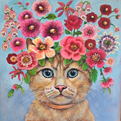 Vilma van den Berg, Kat met roze bloemen, 895 euro, Acryl op doek in lijst, 50x50 cm