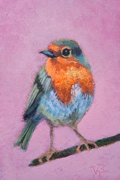 Vilma van den Berg, roodborst roze, 95 euro, Acryl op paneel zonder lijst, 15x10x2 cm