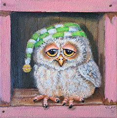 Vilma van den Berg, Uiltje knappen, 210 euro, Acryl op doek zonder lijst, 20x20x5 cm