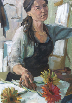 Irma Braat, Zelfportret met bloemen, Olieverf op doek, 50x35 cm, €.700,-