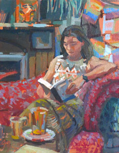 Irma Braat, Hoekje in de boekenwinkel, 380, Olieverf op doek, 30x24 cm