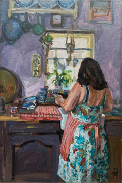 Irma Braat, In de keuken, 750 euro, Olieverf op doek zonder lijst, 60x40 cm