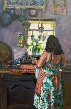 Irma Braat, Keukenportret, 860 euro, Olieverf op doek zonder lijst, 60x40 cm