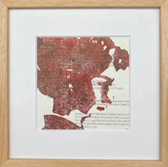 Edith Brouwer, Het Kraakt, 135 euro, Lino met typemachine in lijst met museumglas, 21,5x21,5 cm