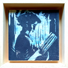 Edith Brouwer, Lezen 2 blauw 2x, 75 euro, Linodruk op hout in baklijst, 10x10x3 cm