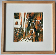 Edith Brouwer, Interieur ladder kleur, 135 euro, Lino in houten lijst, 22,5x22,5 cm (met lijst)