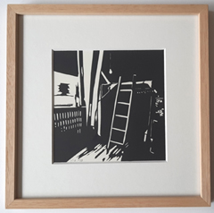 Edith Brouwer, Interieur ladder zwart/wit, 135 euro, Lino in houten lijst, 22,5x22,5 cm (met lijst)