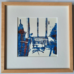 Edith Brouwer, Interieur stoel kleur, 135 euro, Lino in houten lijst, 22,5x22,5 cm (met lijst)