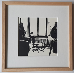 Edith Brouwer, Interieur stoel zwart/wit, 135 euro, Lino in houten lijst, 22,5x22,5 cm (met lijst)