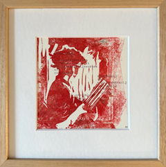 Edith Brouwer, Lezen rood, 135 euro, Lino twee kleuren in lijst, 21x21 cm