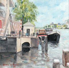 Diana de Bruin, Amstel vanaf de Blauwbrug, 195 euro, Olieverf op paneel zonder lijst, 20x20 cm