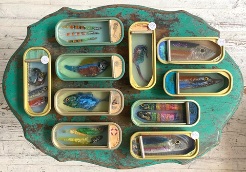 Ortaire de Coupigny, Small elongated fishtins, 145 euro, Mixed media in original fishtin.