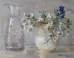 Natalja Dik, Stilleven met voorjaarsbloemen, Olieverf op doek in lijst, 24x30 cm, 620,-