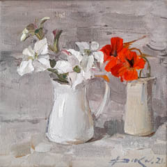 Natalia Dik, Wit met Oranje bloemen, 450 euro, Olieverf op doek in lichte baklijst, 20x20 cm