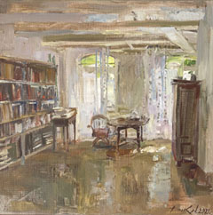 Natalia Dik, Ochtend in de bibliotheek, 1350 euro, Olieverf op doek in baklijst, 50x50 cm