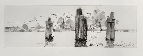 Natalia Dik, Amstel Amsterdam, 285 euro, Mixed media op papier in zwarte wissellijst, 10x30 (met lijst 28x35 cm)