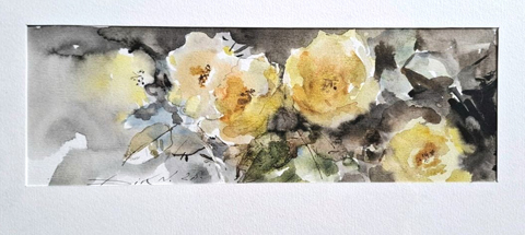 Natalia Dik, Gele Rozen, 285 euro, Mixed media op papier in zwarte wissellijst, 10x30 (met lijst 28x35 cm)