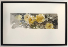 Natalia Dik, Gele Rozen, 285 euro, Mixed media op papier in zwarte wissellijst, 10x30 (met lijst 28x35 cm)