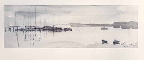 Natalia Dik, Haven, 285 euro, Mixed media op papier in zwarte wissellijst, 10x30 (met lijst 28x35 cm)