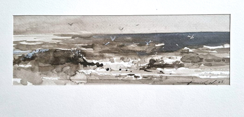 Natalia Dik, Zee, 285 euro, Mixed media op papier in zwarte wissellijst, 10x30 (met lijst 28x35 cm)