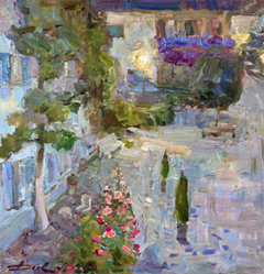 Natalia Dik, In het dorp, 975 euro, Olieverf op doek in baklijst, 40x40 cm