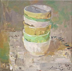 Natalia Dik, Stilleven met kommen, 450 euro, Olieverf op doek in baklijst, 20x20 cm