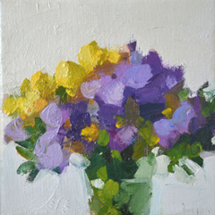 Bairbre Duggan, Freesia's, 650 euro, Olieverf op doek in witte baklijst, 20x20 cm