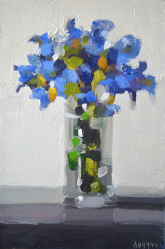 Bairbre Duggan, Irises, 950 euro, Olieverf op paneel zonder lijst, 20x30x3,5 cm