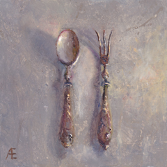 Anneke Elhorst, Zilveren bestek , Olieverf op paneel, 15x15 cm, €.295,-