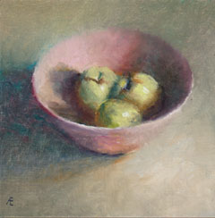 Anneke Elhorst, Schaal met appels, Olieverf op paneel, 15x15x3 cm, €.295,-