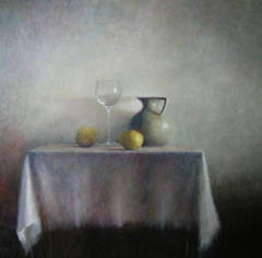 Anneke Elhorst, Kan, glas en citroenen, Olieverf op doek zonder lijst, 100x100x5 cm, €.3400,-