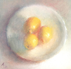 Anneke Elhorst, Drie citroenen, 295 euro, Olieverf op paneel, 15x15x2,5 cm